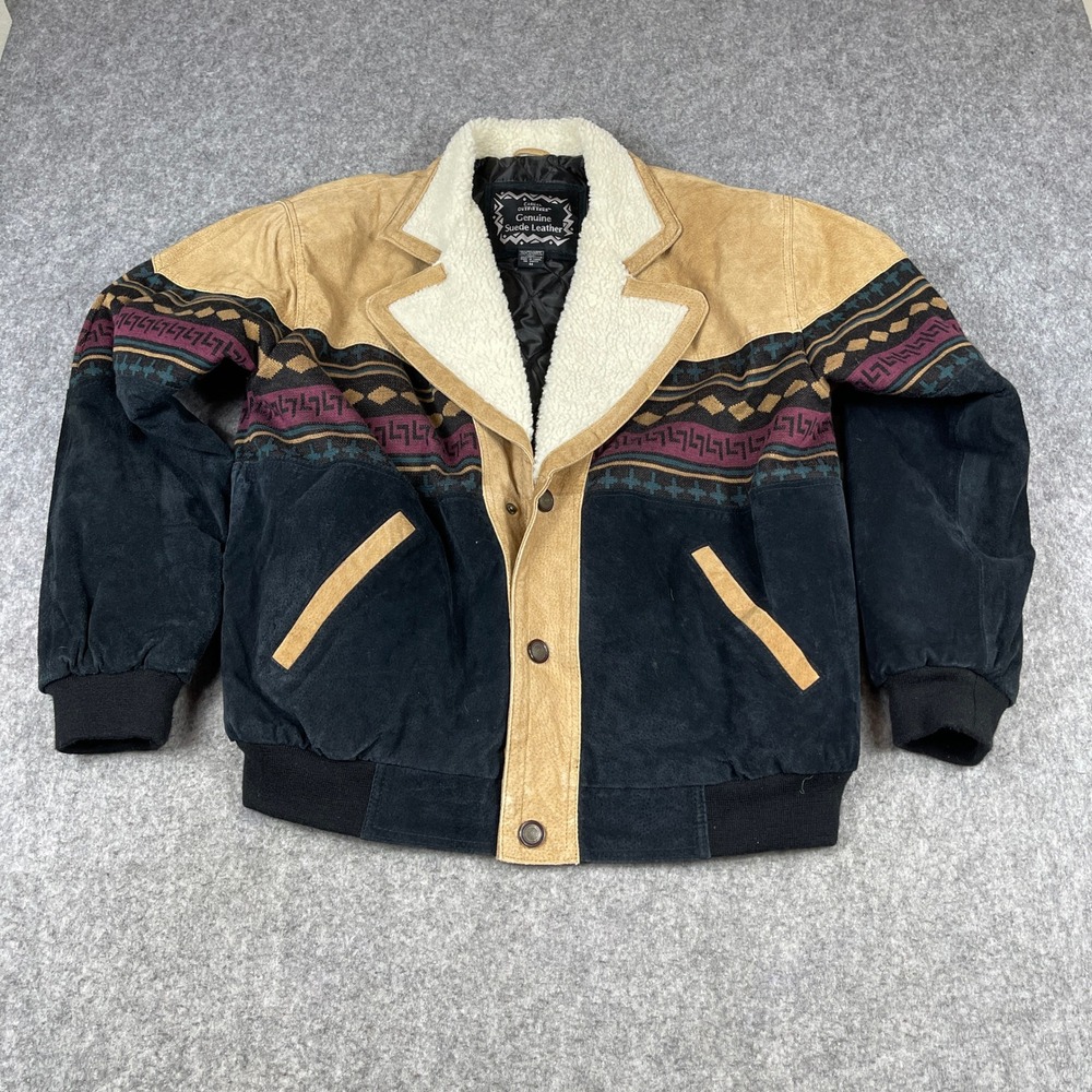 VTG Casual Outfitters Jacket Southwestern Suede Leather Bomber Sherpa Collar Med